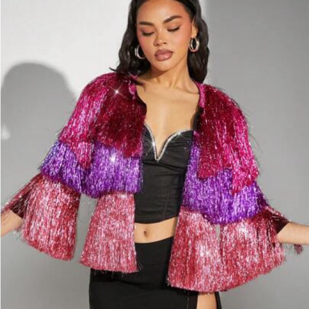 Vibrant Fringe Jacket in Pink and Purple